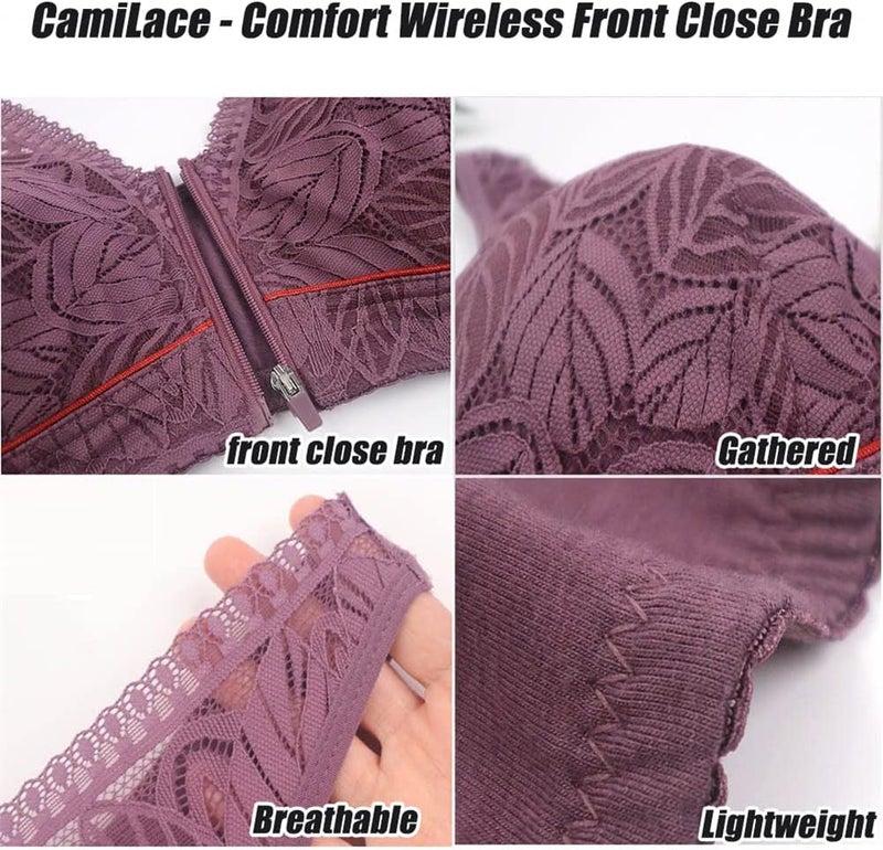 comfrt Camilace - Comfort Wireless Front Close Bra, Ultra-Thin Front Zip U-Back Bra, Comfort Bras for Women, Plus Size (5XL, Purple Gray+Bean Paste) - Image 5