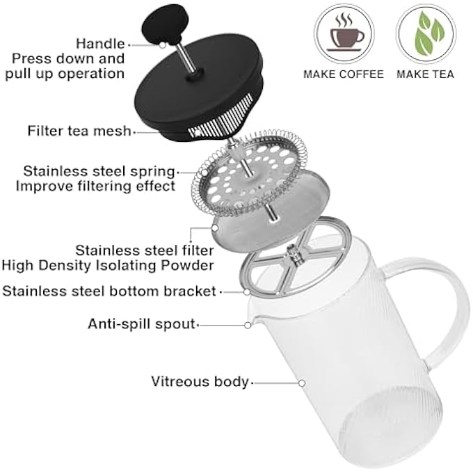فيسمان ماكينة تحضير القهوة والشاي بالضغط الفرنسي سعة 1000 مل، مصنوعة من زجاج البورسليكات السميك المقاوم للحرارة، مصنوعة من الفولاذ المقاوم للصدأ، ماكينة تحضير القهوة والشاي بالضغط الفرنسي، مصنوعة من زجاج منقوش، مصنوعة من زجاج البورسليكات السميك المقاوم للحرارة - Image 3