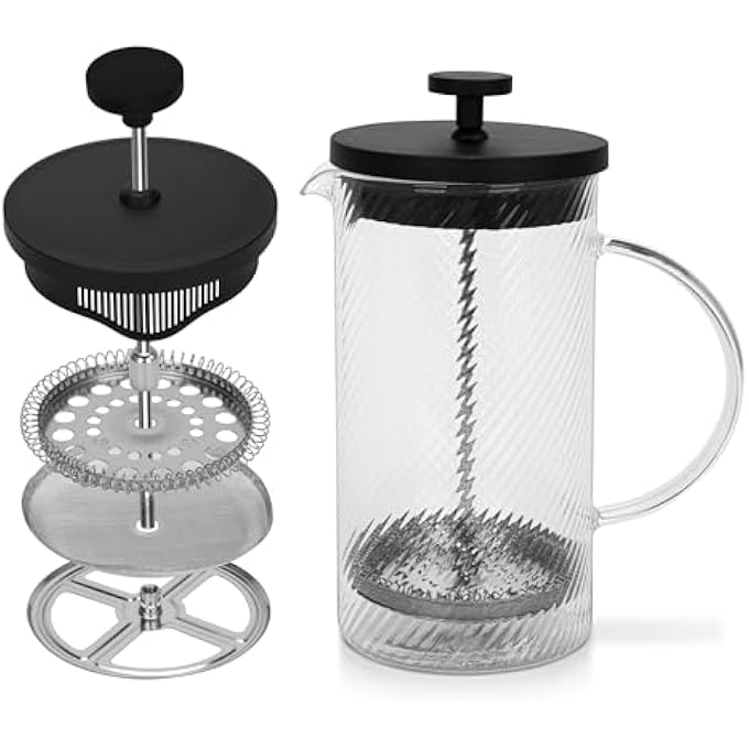 فيسمان ماكينة تحضير القهوة والشاي بالضغط الفرنسي سعة 1000 مل، مصنوعة من زجاج البورسليكات السميك المقاوم للحرارة، مصنوعة من الفولاذ المقاوم للصدأ، ماكينة تحضير القهوة والشاي بالضغط الفرنسي، مصنوعة من زجاج منقوش، مصنوعة من زجاج البورسليكات السميك المقاوم للحرارة - Image 1