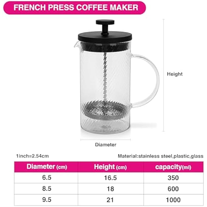 فيسمان ماكينة تحضير القهوة والشاي بالضغط الفرنسي سعة 1000 مل، مصنوعة من زجاج البورسليكات السميك المقاوم للحرارة، مصنوعة من الفولاذ المقاوم للصدأ، ماكينة تحضير القهوة والشاي بالضغط الفرنسي، مصنوعة من زجاج منقوش، مصنوعة من زجاج البورسليكات السميك المقاوم للحرارة - Image 4