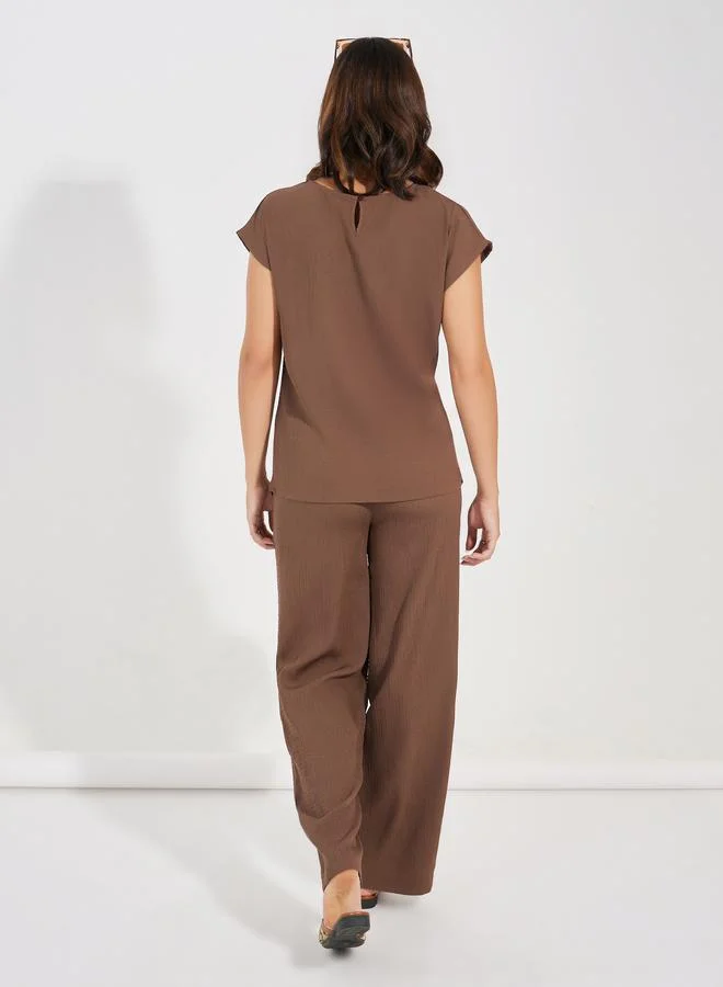 Styli Side Ruched Cap Sleeves Top & Straight Leg Pants Co-Ords