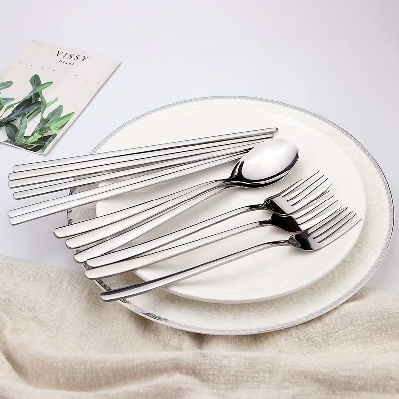 9pcs Silvery Stainless Steel Spoon Fork And Chopstick Cutlery Set Portable Korean Style For Home Party Outdoor Travel Picnic School - Image 2