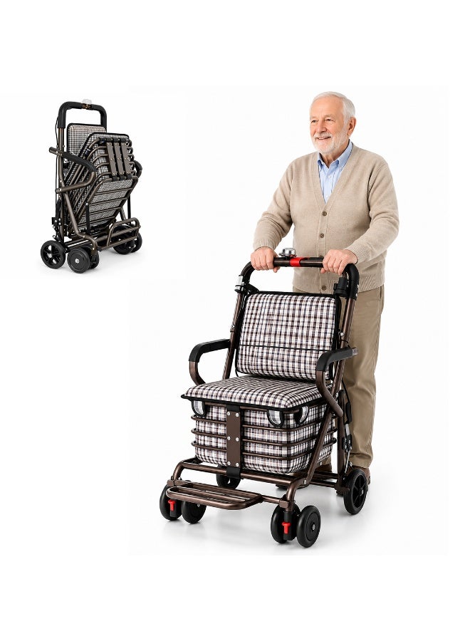 GGEROU Heavy Duty Shopping Cart with Seat Foldable Shopping Carts for Seniors with 4 Wheels and Cushion Large Shopping Cart for Placing Groceries Personal Belongings Laundry - Image 1