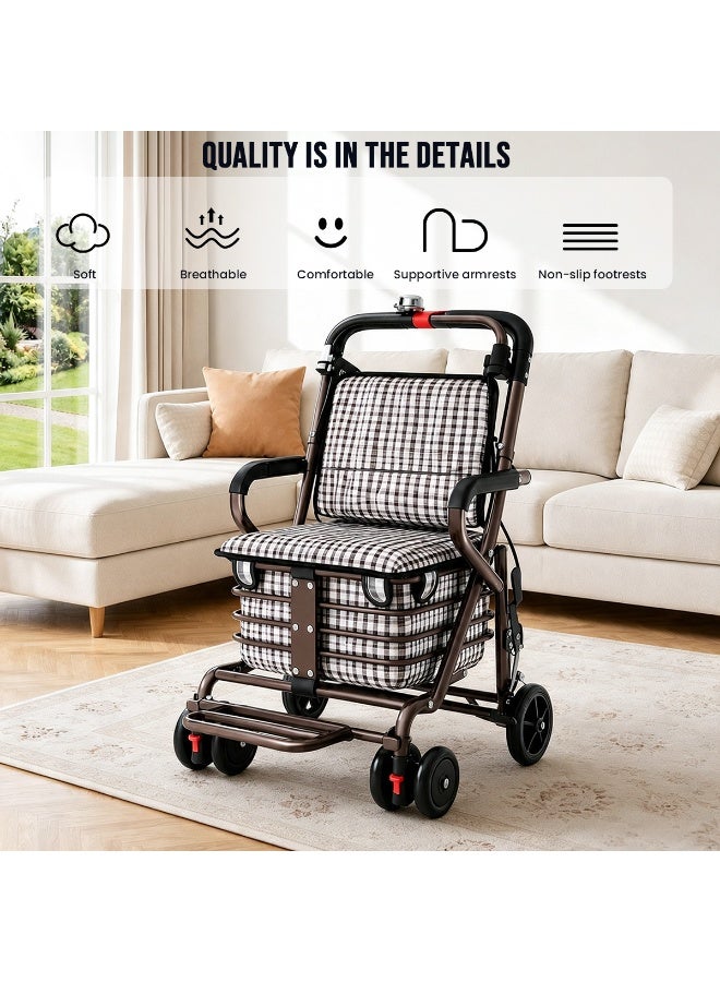 GGEROU Heavy Duty Shopping Cart with Seat Foldable Shopping Carts for Seniors with 4 Wheels and Cushion Large Shopping Cart for Placing Groceries Personal Belongings Laundry - Image 5