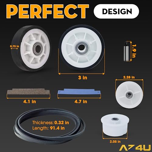 AZ4U Dryer Repair Kit Drum Rollers 12001541 303373K W10116741 303373, Belt 33002535 WP33002535 33001777, Idler Pulley 6-3700340 WP6-3700340 Replace For Maytag Neptune 3000 Series MDE6000AYW MDE5500AYW - Image 2