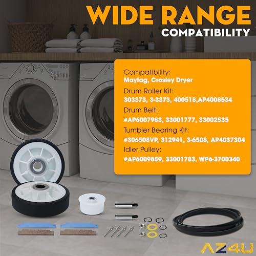 AZ4U Dryer Repair Kit Drum Rollers 12001541 303373K W10116741 303373, Belt 33002535 WP33002535 33001777, Idler Pulley 6-3700340 WP6-3700340 Replace For Maytag Neptune 3000 Series MDE6000AYW MDE5500AYW - Image 4
