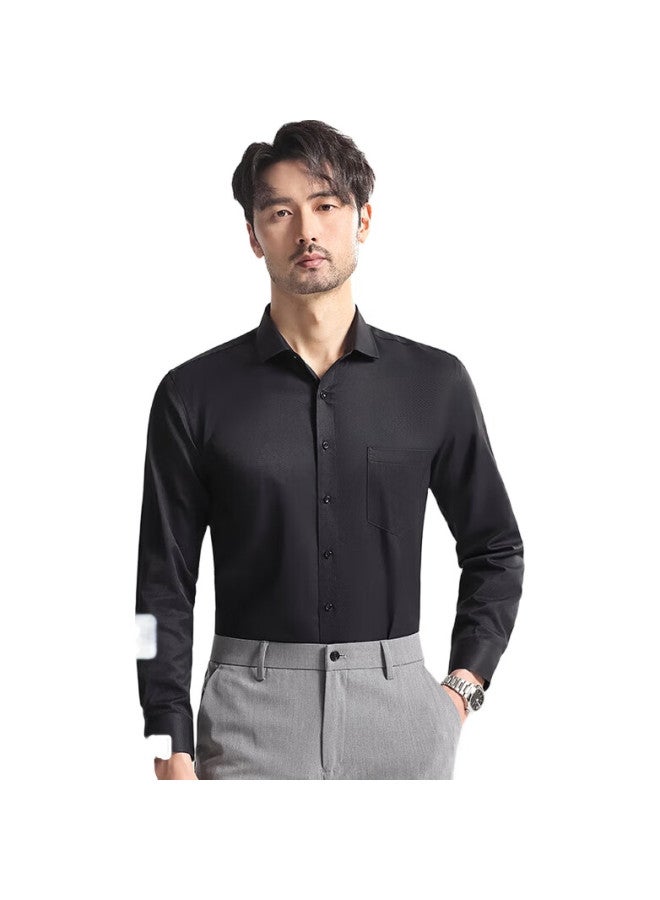 FIRS Men'S Long Sleeve Shirt Business Formal Casual Solid Color Wrinkle-Free Shirt Men Black Twill 093 42 - Image 2