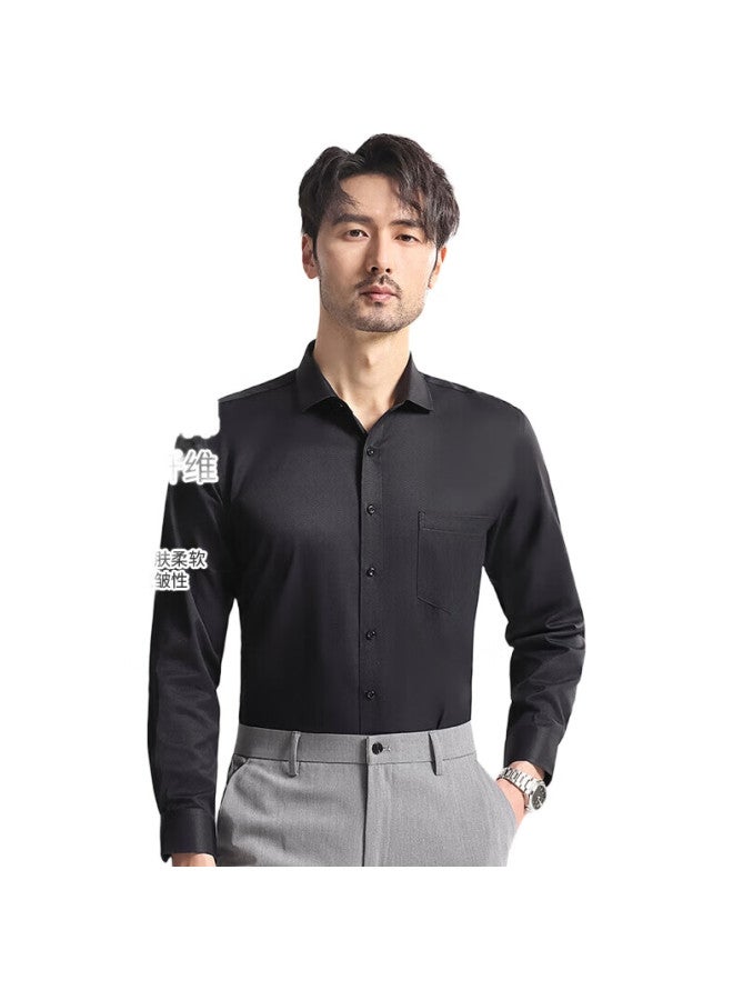 FIRS Men'S Long Sleeve Shirt Business Formal Casual Solid Color Wrinkle-Free Shirt Men Black Twill 093 42 - Image 1
