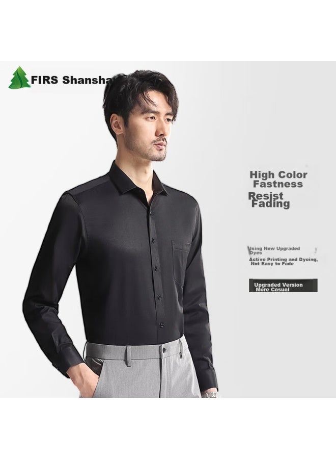 Firs Men's Long Sleeve Shirt Business Formal Casual Solid Color Wrinkle-free Shirt Men Black Twill 093 42 - Image 5