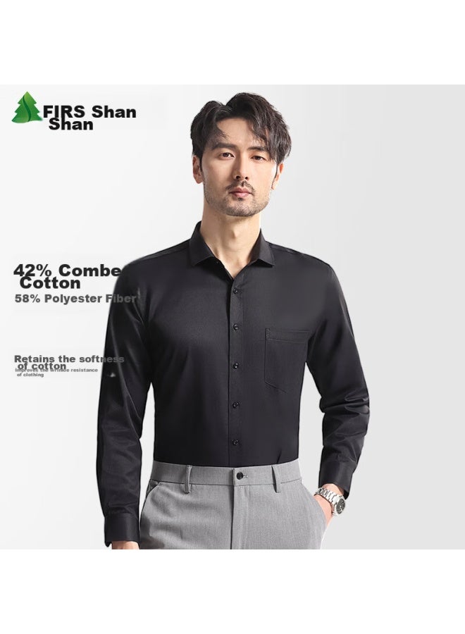 Firs Men's Long Sleeve Shirt Business Formal Casual Solid Color Wrinkle-free Shirt Men Black Twill 093 42 - Image 4