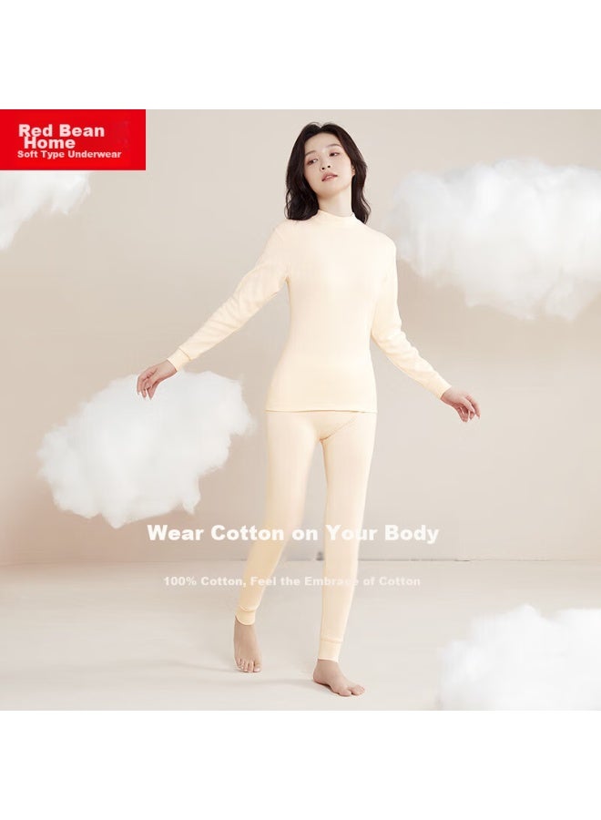Red Bean Home Hongdou Home Women's Pure Cotton Autumn Underwear Set, Middle-aged And Elderly Semi-turtleneck Basic Thermal Base Layer, Champagne Color, Size 165  - Image 2
