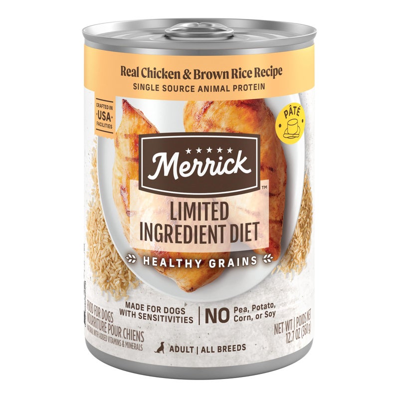 Merrick Limited Ingredient Diet Premium With Healthy Grains Natural Canned Wet Dog Food Chicken And Brown Rice Pack of 12 127 oz Cans