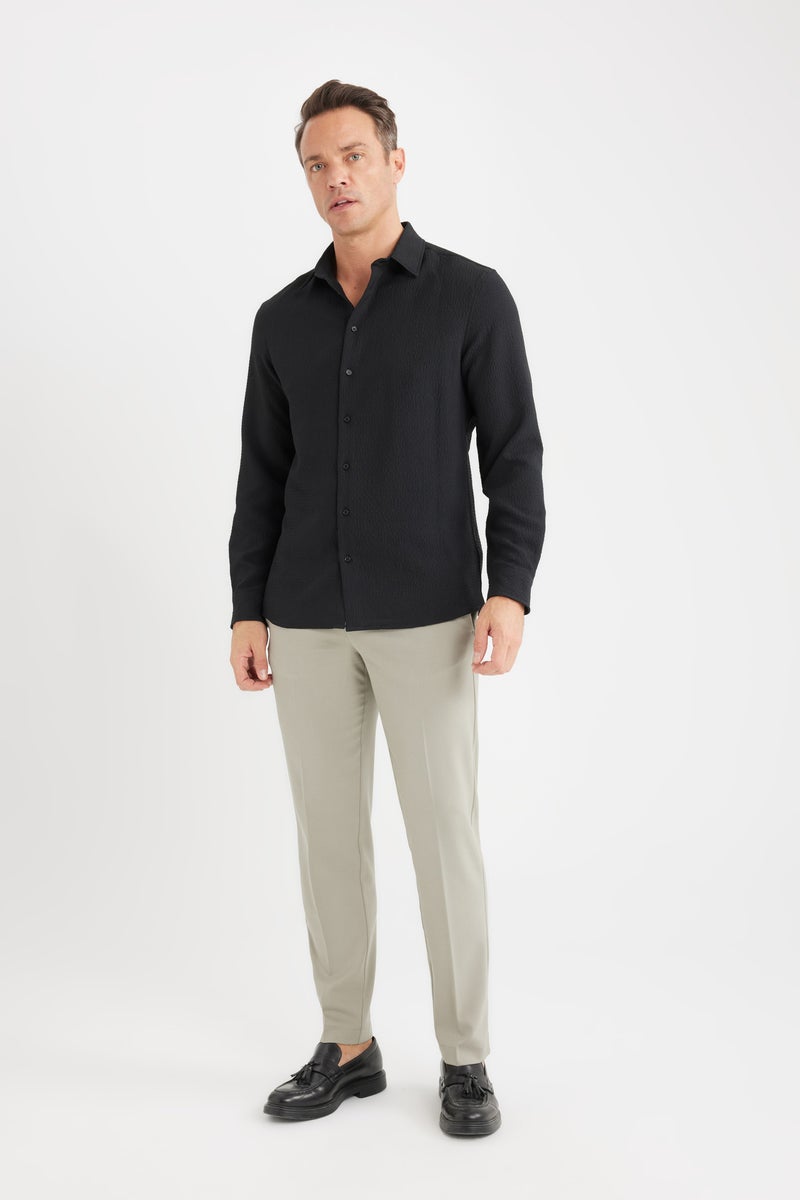 DeFacto Black Man Modern Fit Polo Collar Woven Long Sleeve Shirt Casual - Image 2