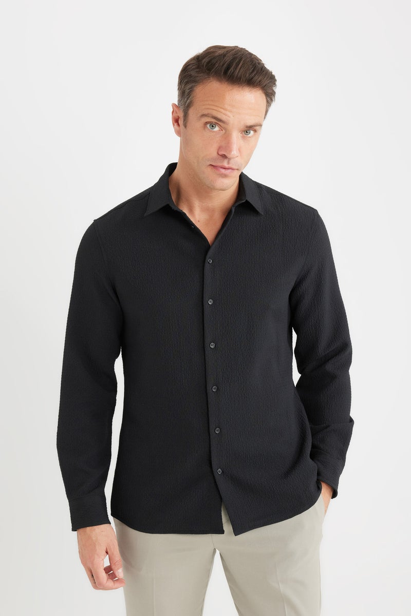 DeFacto Black Man Modern Fit Polo Collar Woven Long Sleeve Shirt Casual - Image 1