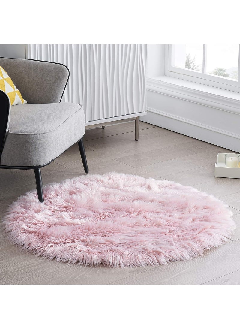 Brownmonkey Brownmonkey Faux Sheepskin Fur Area Rugs Round Fur Throw Rug Floor Mat Circular Carpet for Bedroom Soft Circle Kids Play Mat for Nursery Light Pink Faux  - Image 2