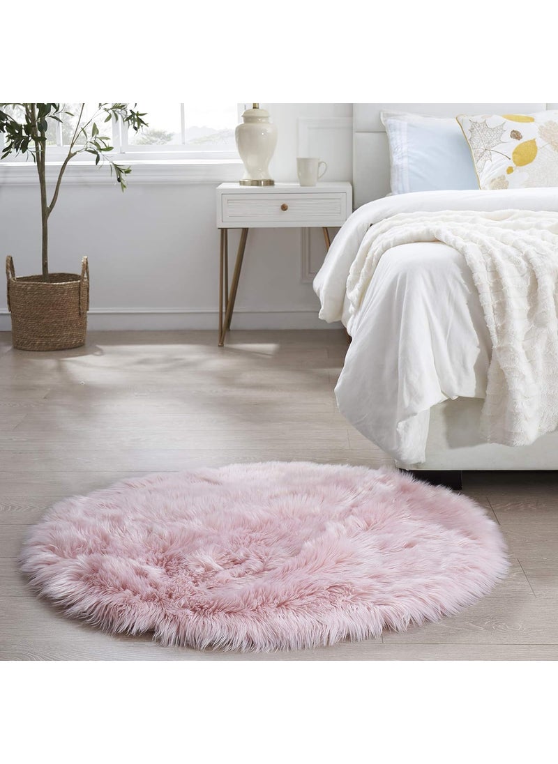 Brownmonkey Brownmonkey Faux Sheepskin Fur Area Rugs Round Fur Throw Rug Floor Mat Circular Carpet for Bedroom Soft Circle Kids Play Mat for Nursery Light Pink Faux  - Image 1