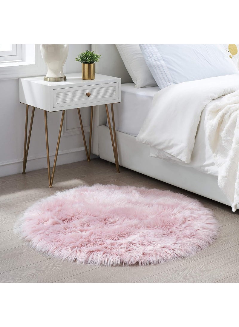 Brownmonkey Brownmonkey Faux Sheepskin Fur Area Rugs Round Fur Throw Rug Floor Mat Circular Carpet for Bedroom Soft Circle Kids Play Mat for Nursery Light Pink Faux  - Image 3
