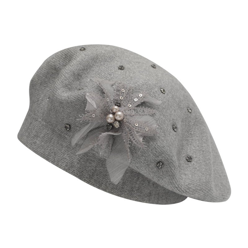 ZLYC Womens French Beret hat, Reversible Solid Color Knit Warm Beret Cap for Girls, Bead Flower Gray - Image 1