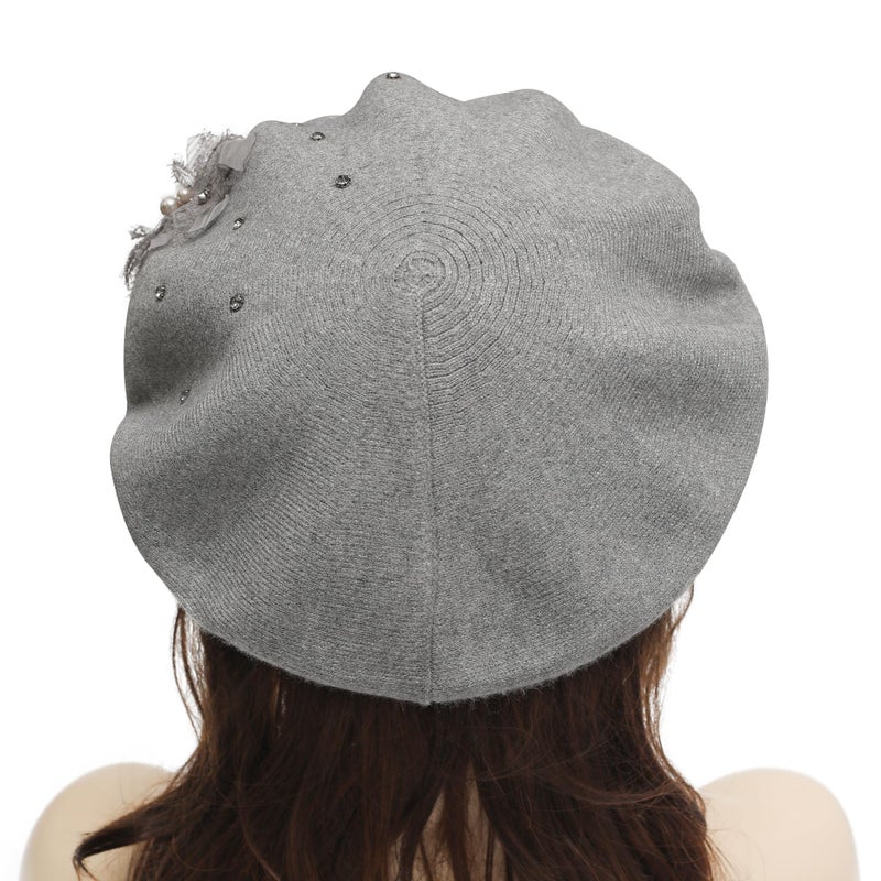 ZLYC Womens French Beret hat, Reversible Solid Color Knit Warm Beret Cap for Girls, Bead Flower Gray - Image 3