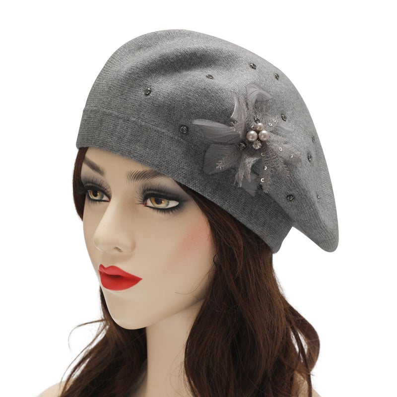 ZLYC Womens French Beret hat, Reversible Solid Color Knit Warm Beret Cap for Girls, Bead Flower Gray - Image 2