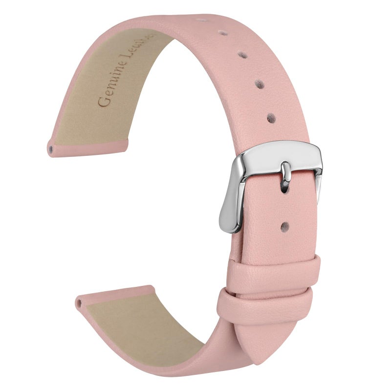 WOCCI 14mm Lug Width, Elegant Watch Band, Genuine Leather Replacement Strap with Silver Buckle (Light Pink) - Image 1