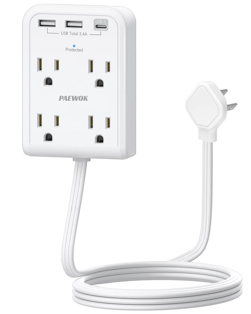 PAEWOK موزع طاقة واقي من الزيادة، عصا توصيل مع منافذ USB C، 4 مخرج 3 USB، سلك تمديد بطول 4 أقدام، قابس حائط مسطح، أساسيات المنزل والمكتب وغرفة النوم، أبيض - Image 1