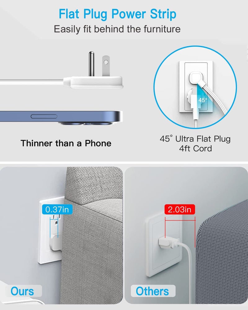 PAEWOK موزع طاقة واقي من الزيادة، عصا توصيل مع منافذ USB C، 4 مخرج 3 USB، سلك تمديد بطول 4 أقدام، قابس حائط مسطح، أساسيات المنزل والمكتب وغرفة النوم، أبيض - Image 5
