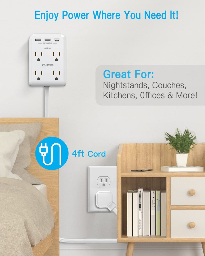 PAEWOK موزع طاقة واقي من الزيادة، عصا توصيل مع منافذ USB C، 4 مخرج 3 USB، سلك تمديد بطول 4 أقدام، قابس حائط مسطح، أساسيات المنزل والمكتب وغرفة النوم، أبيض - Image 2