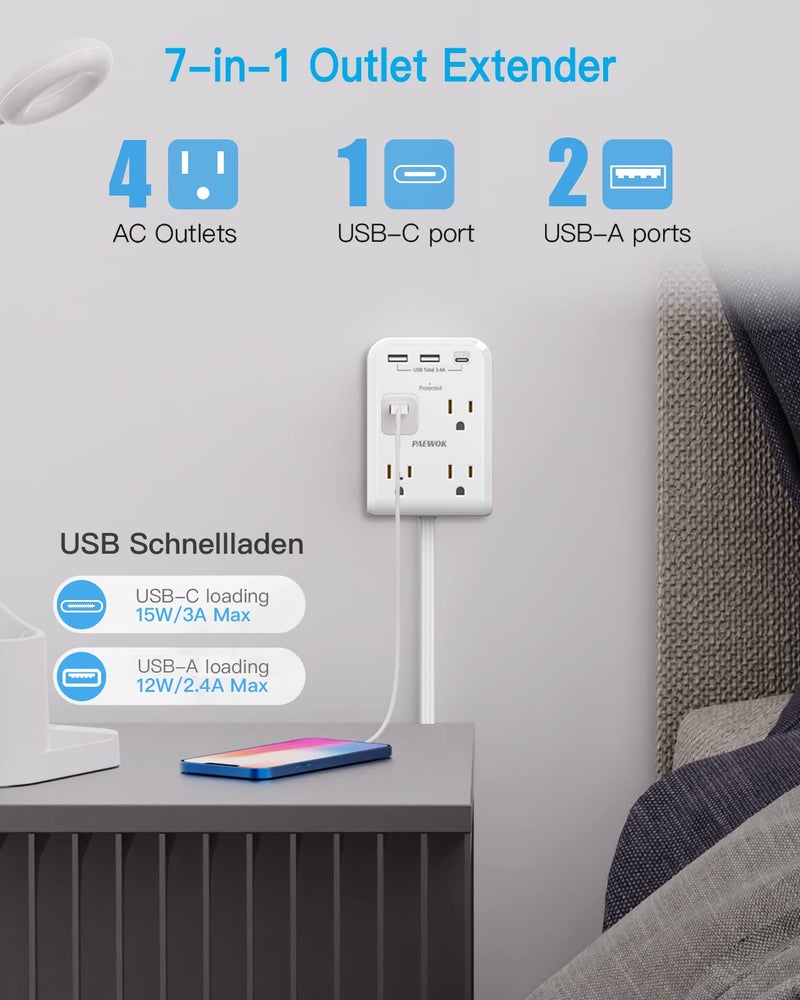 PAEWOK موزع طاقة واقي من الزيادة، عصا توصيل مع منافذ USB C، 4 مخرج 3 USB، سلك تمديد بطول 4 أقدام، قابس حائط مسطح، أساسيات المنزل والمكتب وغرفة النوم، أبيض - Image 4