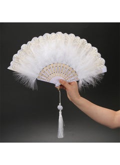 HS Feather Hand Fan, White Foldable Feather Fan Handheld for Party Wedding Dancing Decoration  - Image 2