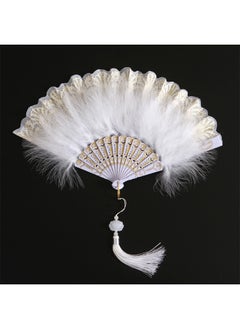 HS Feather Hand Fan, White Foldable Feather Fan Handheld for Party Wedding Dancing Decoration  - Image 3