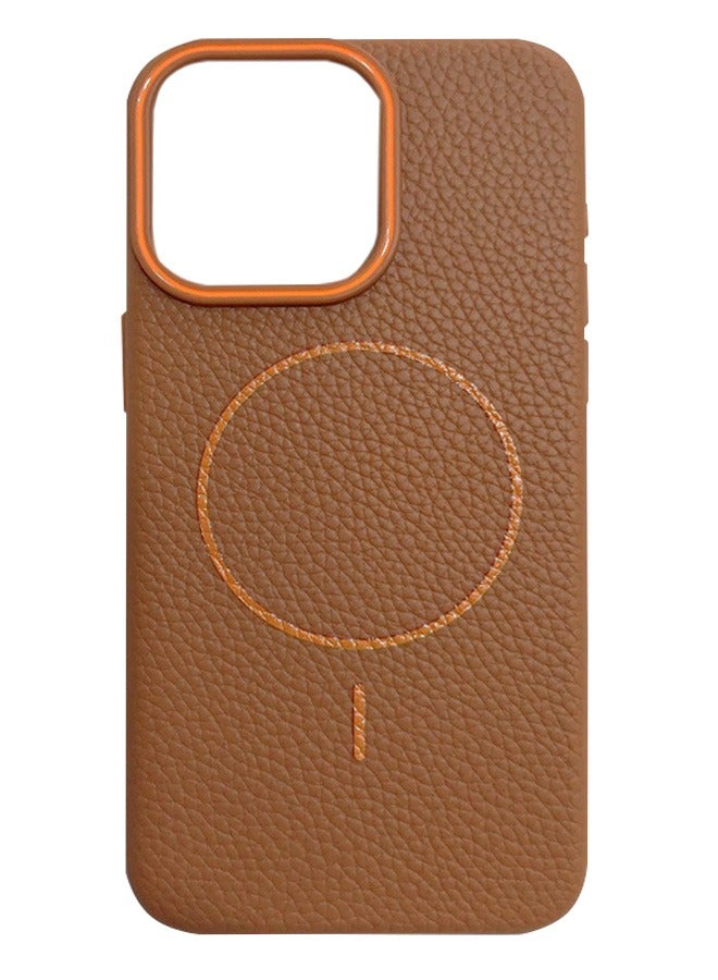 Magsafe Phone Case For iPhone 12/12 Pro With High Quality Rubber Frame And Slim Lychee Pattern Leather Case with Camera Lens Protection Shockproof Cover And support wireless Charging Leather Cover for iPhone 12/12 Pro - Brown  - Image 1