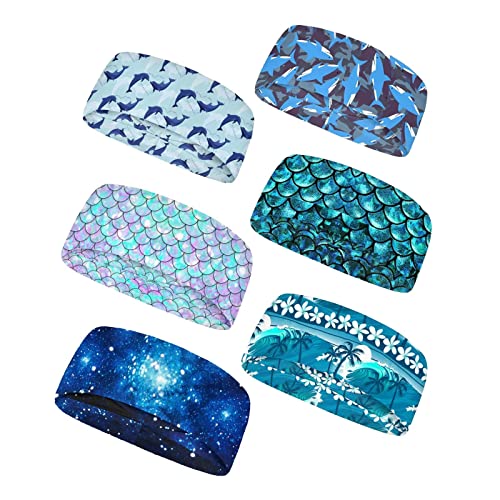 Forchrinse Hawaiian Dolphin Mermaid Beach Print 6Pieces Women Sport Headband,Girls Non Slip Workout Sweatband Non Slip Yoga Hair Band - Image 1