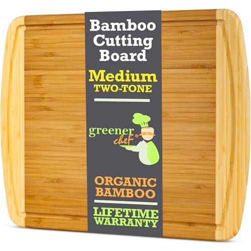 GREENER CHEF 15 Inch Medium Cutting Board with Lifetime Replacements Bamboo Cutting Boards for Kitchen Butcher Block Medium Wooden Chopping Board for Meat Veggies Non Toxic Charcuterie Board