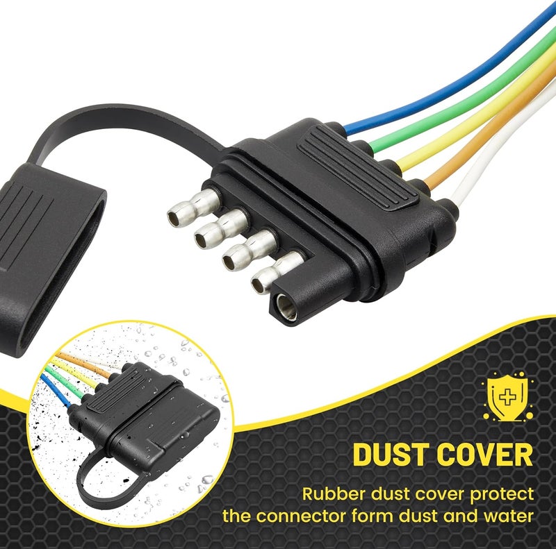 Oyviny 5 Way Flat Trailer Wiring Harness Plug 22 Inch Wire Lead Trailer End Durable 5 Pin Male Connector Trailer Light Wiring Harness Extension W/Dust Cover for Trailer RV Boat Color-Coded - Image 3
