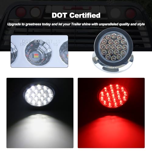 XtraGlow 4 inch Round Dual Revolution LED Tail Lights Red Stop Turn Tail Lights and White Backup Reverse Lights Kit for Truck Trailer RV Jeep with Rubber Grommet Chrome Plated Visor IP67 Waterproof - Image 3