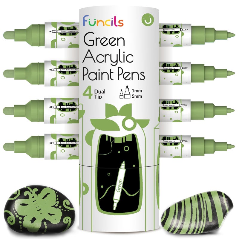 4 Dual Tip Green Paint Pen Metallic Fine Tip Medium Acrylic Paint Markers Green Marker for Metal Wood Rock Painting Canvas Ceramic Glass Fabric Leaf and Plastic Waterbased Ink