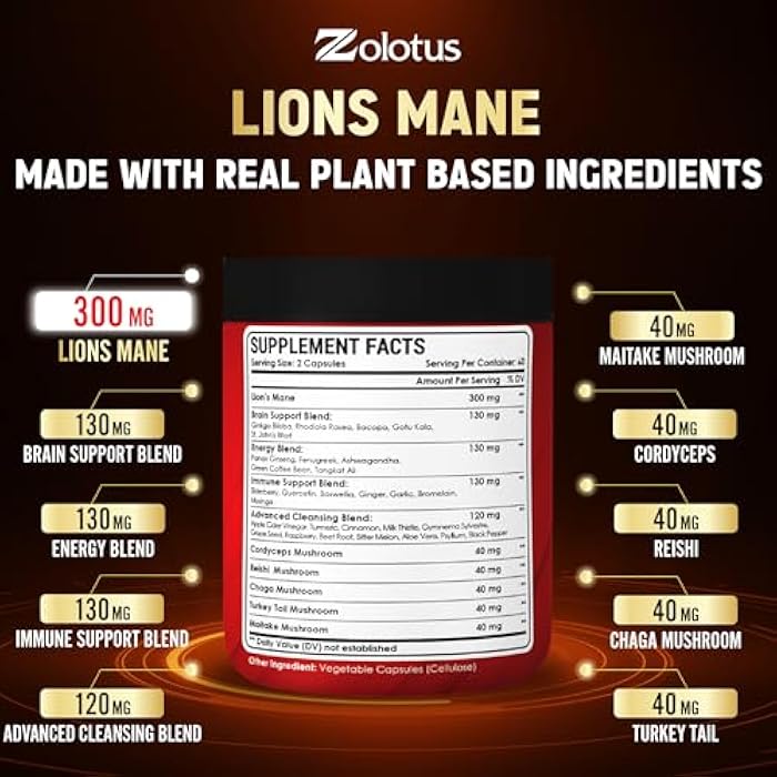 Zolotus 35 in 1 Lions Mane Mushroom Capsules Cordeyceps, Reishi, Elderberry, Ashwagandha, Panax Ginseng - 120 Count - Image 4