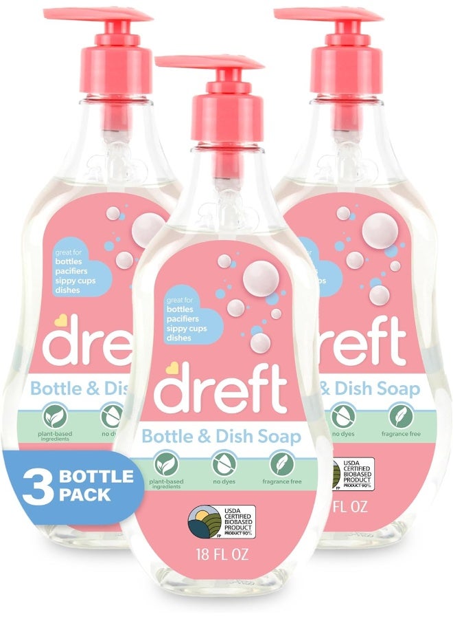 DREFT Bottle and Dish Soap | Made to Clean Baby Bottles, Sippy Cups, Pacifiers, Breast Pumps, & More | Gently Removes Milk Film & Odors | Plant Based, Fragrance Free Dish Soap | 18 Fl Oz (Pack of 3) - Image 1