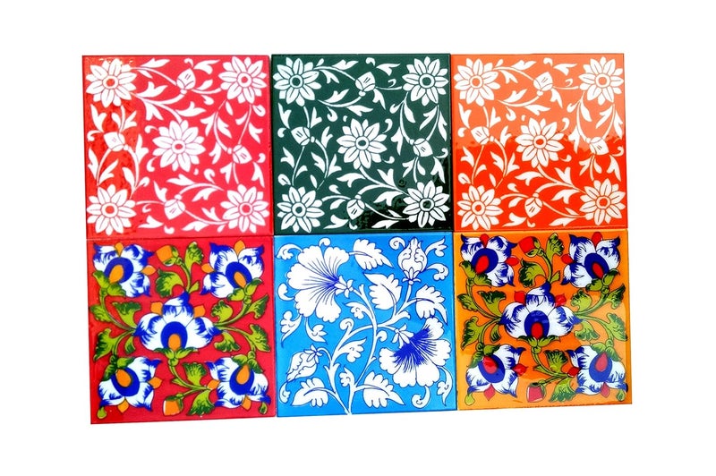 Shiv Kripa Blue Pottery Shiv Kripa Blue Pottery Home Decor Tile Ceramic High Lighter Wall Bathroom Tiles 6 x 6 Inch Set of 6 Tiles Multi 