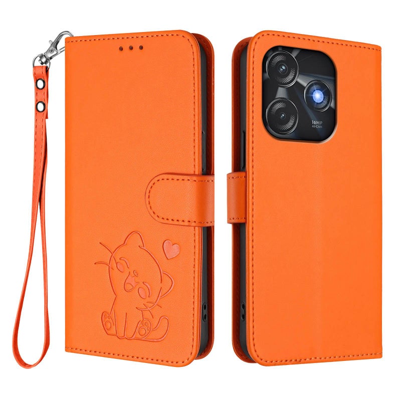 erorex For Tecno Spark 10C / 10 4G Embossed  Cat Leather Phone Case with Hand Strap(Orange) - Image 2