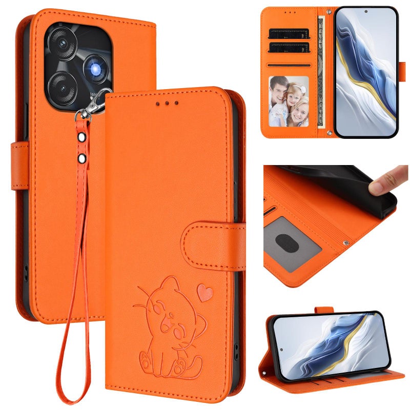 erorex For Tecno Spark 10C / 10 4G Embossed  Cat Leather Phone Case with Hand Strap(Orange) - Image 1
