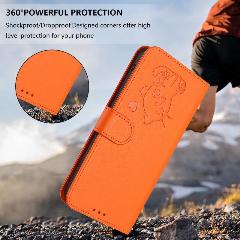 erorex For Tecno Spark 10C / 10 4G Embossed  Cat Leather Phone Case with Hand Strap(Orange) - Image 5