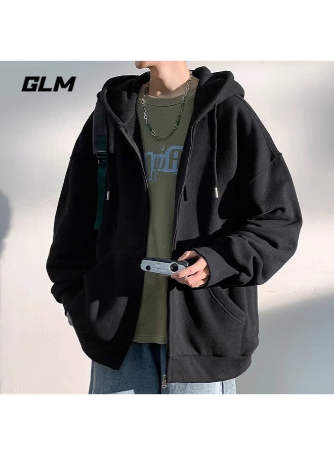 Glm Men's Hoodie Jacket Spring And Autumn Loose Casual Knitted Zip-up Sports Jacket Black 3XL - Image 4