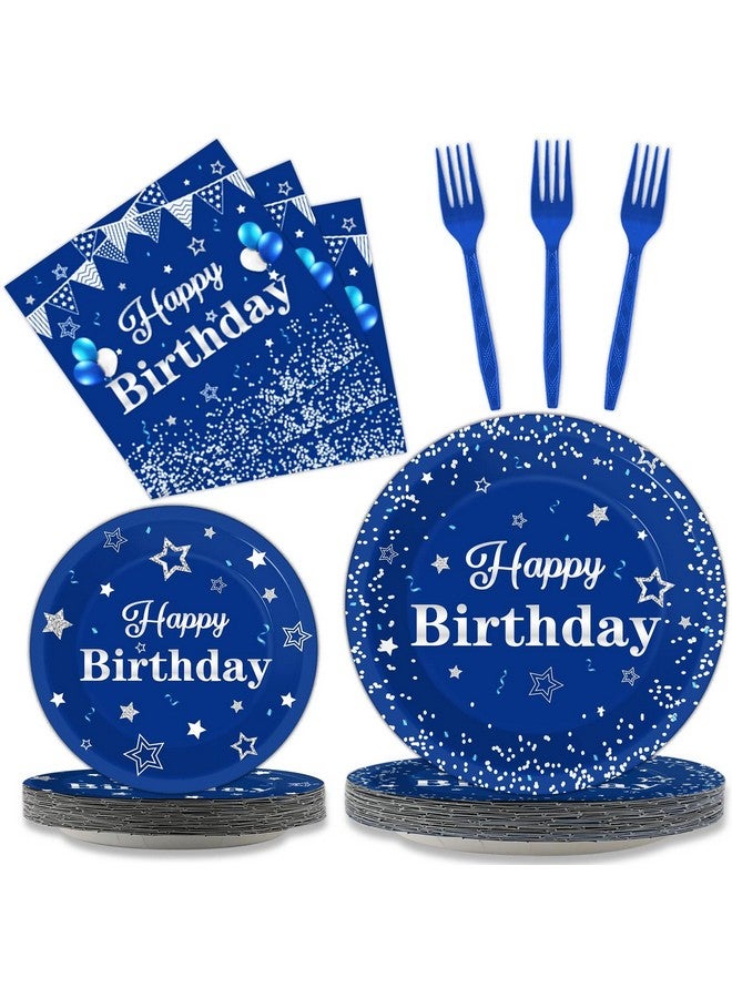 Tevxj Birthday Party Tableware Set, 96PCS Navy Blue and Silver, Disposable Plates, Napkins, Forks for 24 Guests, Place Setting for Men and Boys - Image 1