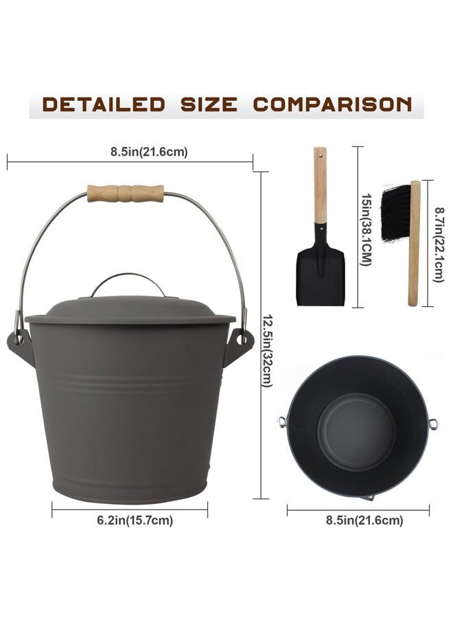 BRIAN & DANY Mini Ash Bucket with Lid and Shovel, 1.5 Gallon Fireplace Metal Bucket with Broom, Coal Bucket Ash Can for Fireplace, Ashes, Fire Pit, Wood Burning Stove, Grey - Image 2
