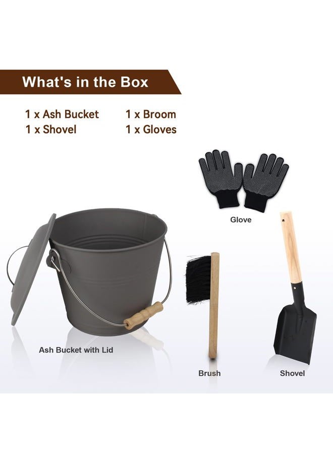 BRIAN & DANY Mini Ash Bucket with Lid and Shovel, 1.5 Gallon Fireplace Metal Bucket with Broom, Coal Bucket Ash Can for Fireplace, Ashes, Fire Pit, Wood Burning Stove, Grey - Image 3