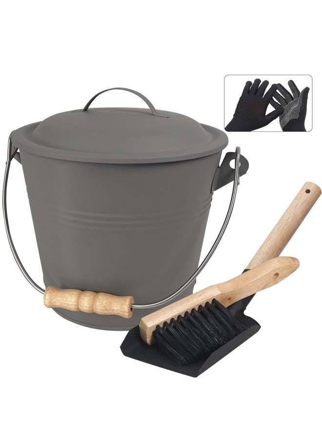 BRIAN & DANY Mini Ash Bucket with Lid and Shovel, 1.5 Gallon Fireplace Metal Bucket with Broom, Coal Bucket Ash Can for Fireplace, Ashes, Fire Pit, Wood Burning Stove, Grey - Image 1