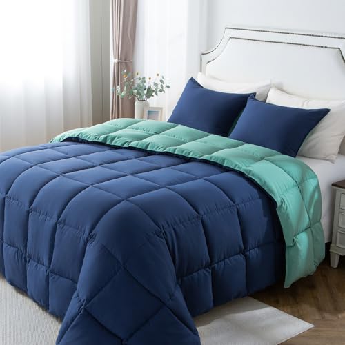 KASENTEX King Comforter Set – Reversible Dual Color – Goose Down Alternative – Ultra-Soft, Lightweight, Machine Washable, Maintain Fluffiness, All Season Warmth (Turquoise Sea Green/Twilight Blue) - Image 1