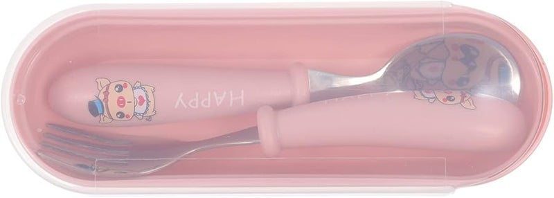 Stainless Steel Baby Fork and Spoon Set with Portable Case for Learning to Eat - Image 1